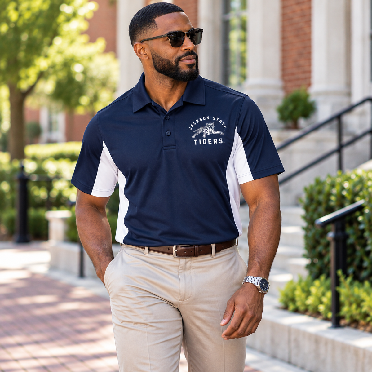 Black man wearing Jackson State Tigers True Navy and White Unisex Performance Polo