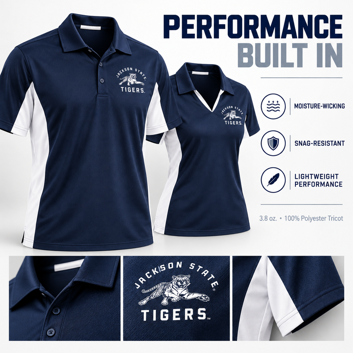 Jackson State Tigers Performance Polo moisture wicking and snag resistant performance features