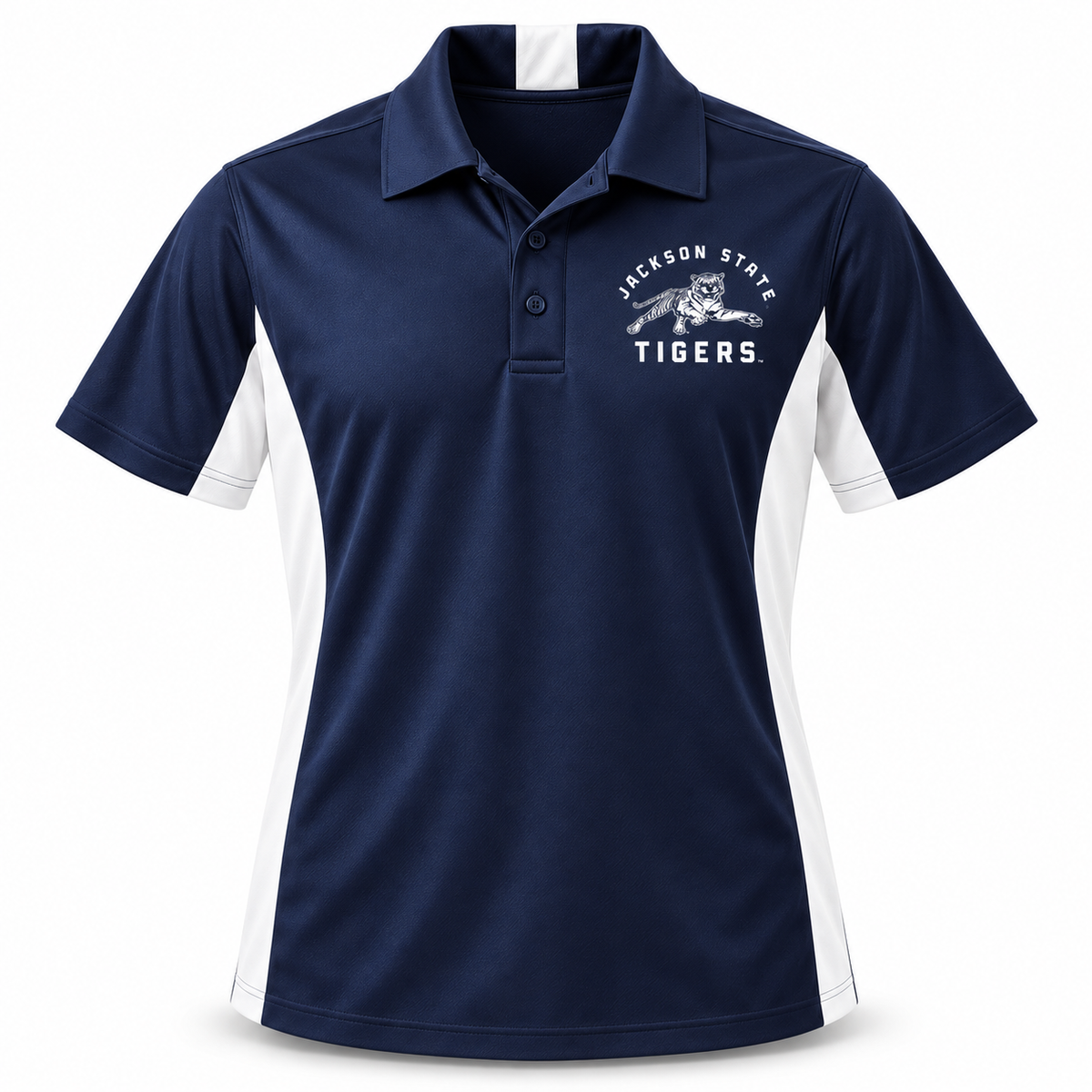 Jackson State Tigers True Navy and White Unisex Performance Polo front view