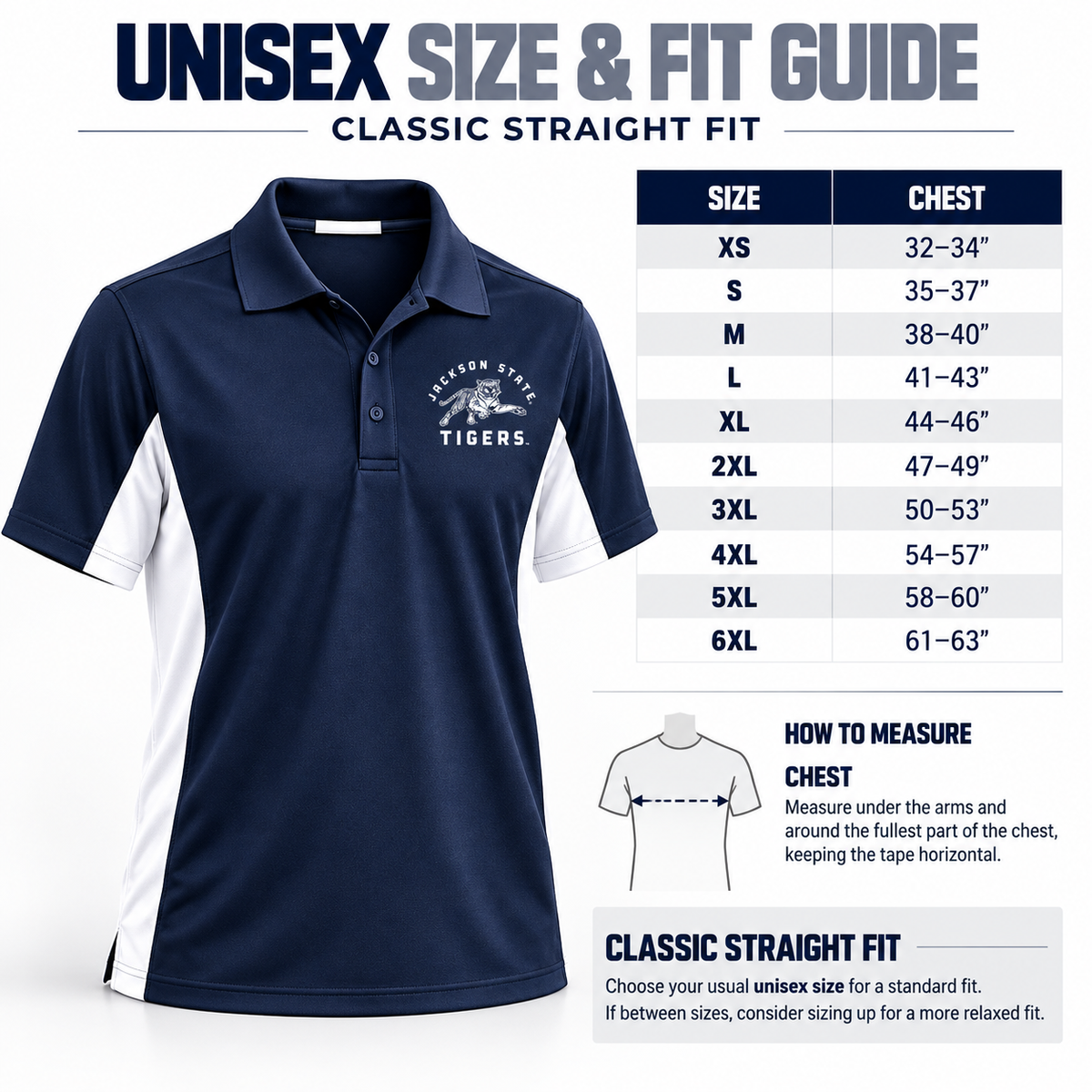 Jackson State Tigers Performance Polo Unisex size and fit guide XS through 6XL