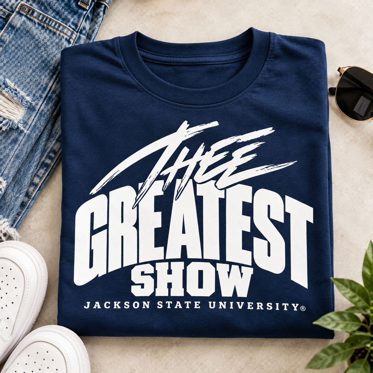 Jackson State Tigers Thee Greatest Show navy T-shirt folded flat lay