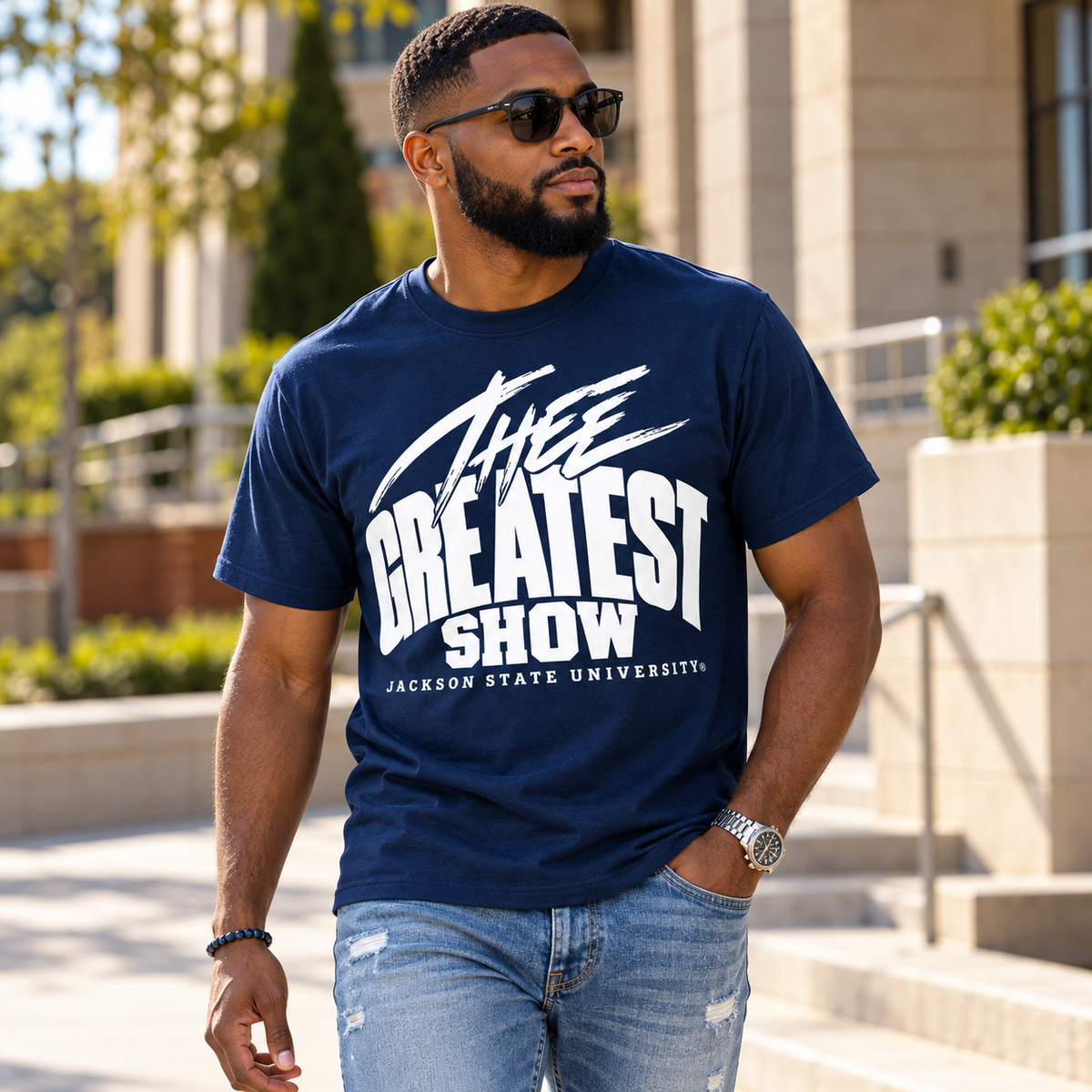 Man wearing Jackson State Tigers Thee Greatest Show navy T-shirt