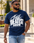 Man wearing Jackson State Tigers Thee Greatest Show navy T-shirt
