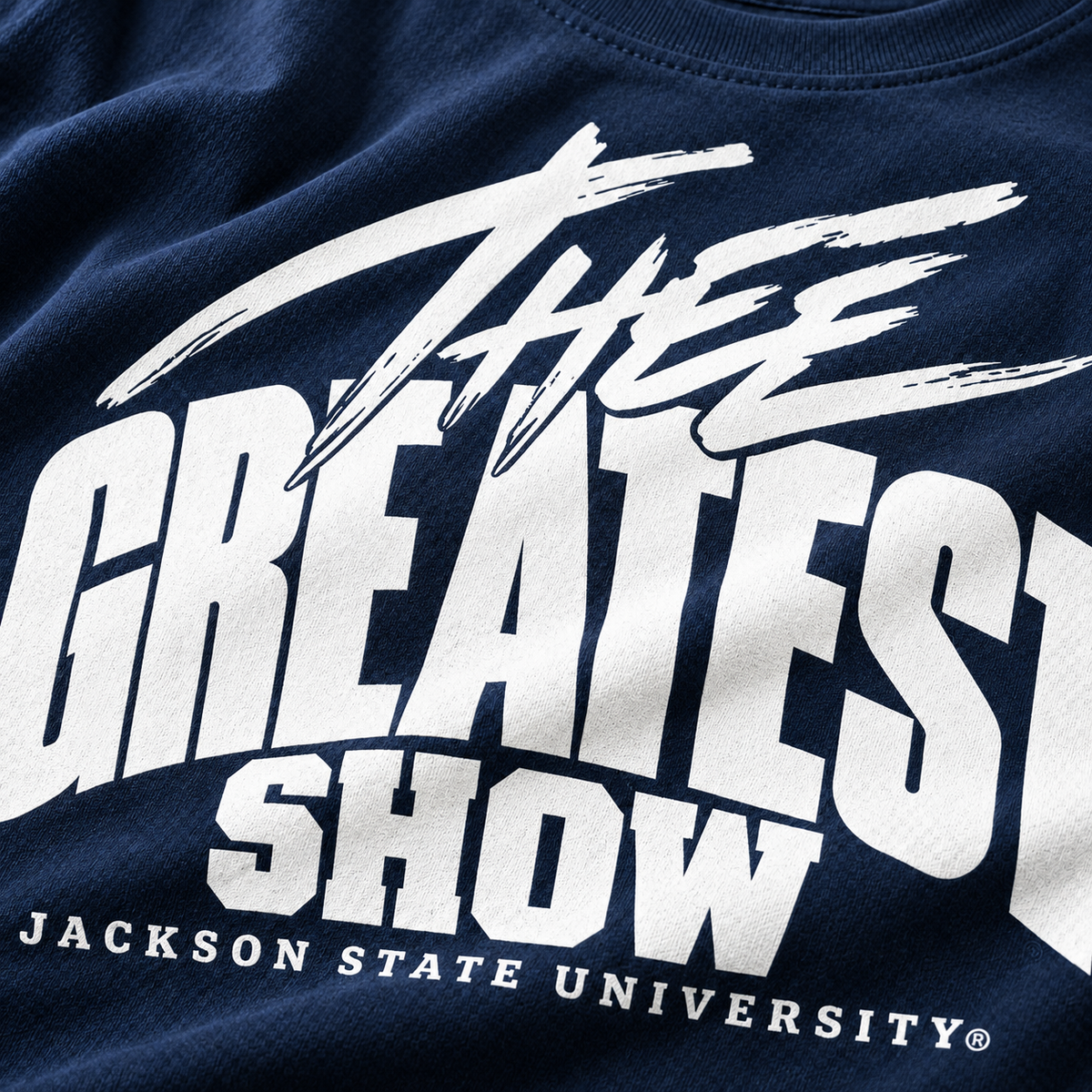 Close-up of Thee Greatest Show print on navy Jackson State T-shirt