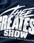 Close-up of Thee Greatest Show print on navy Jackson State T-shirt