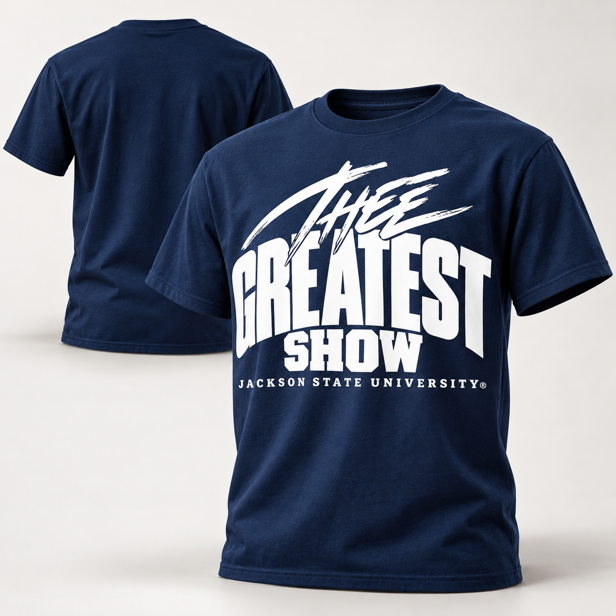 Jackson State Tigers Thee Greatest Show navy T-shirt front and back view
