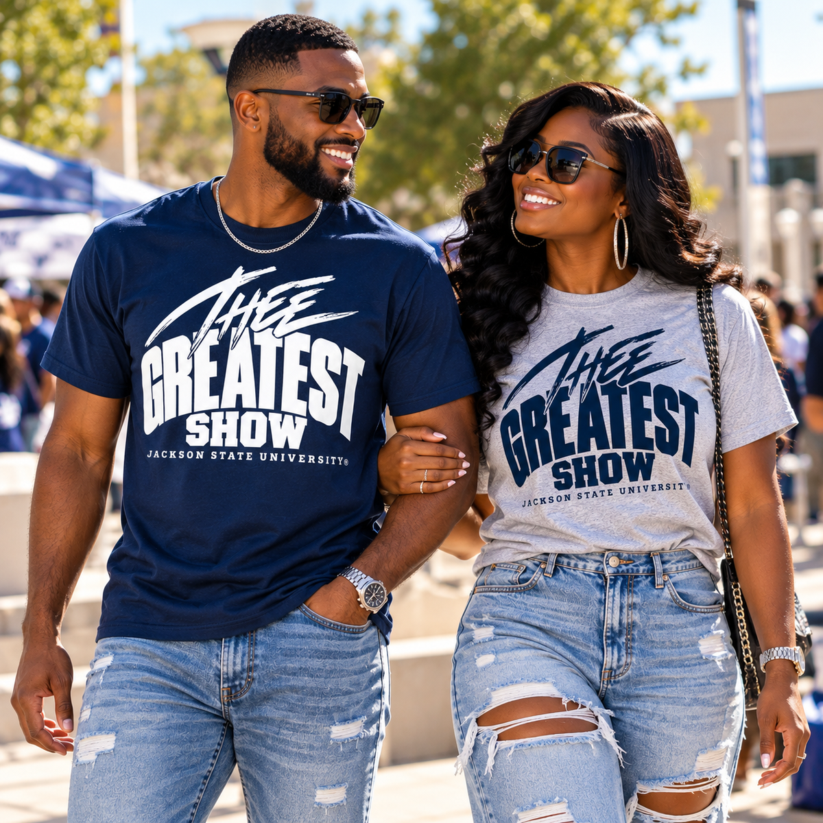 Two models wearing Jackson State Tigers Thee Greatest Show T-shirts in navy and athletic heather gray