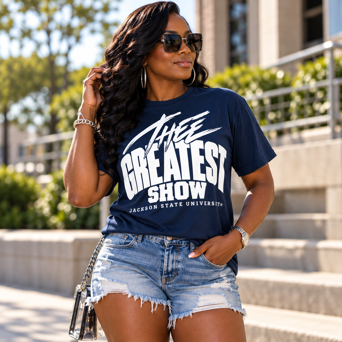 Woman wearing Jackson State Tigers Thee Greatest Show navy T-shirt
