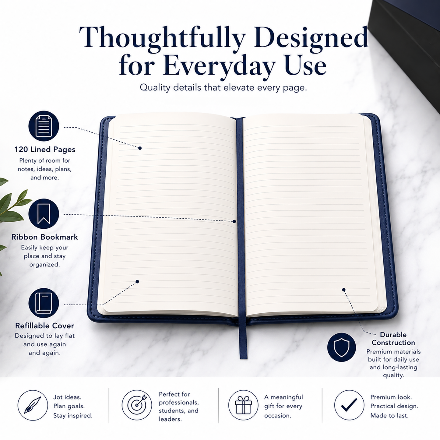 Inside view of the officially licensed Jackson State University Life Member blue leatherette journal showing 120 lined pages, ribbon bookmark, and refillable journal cover.