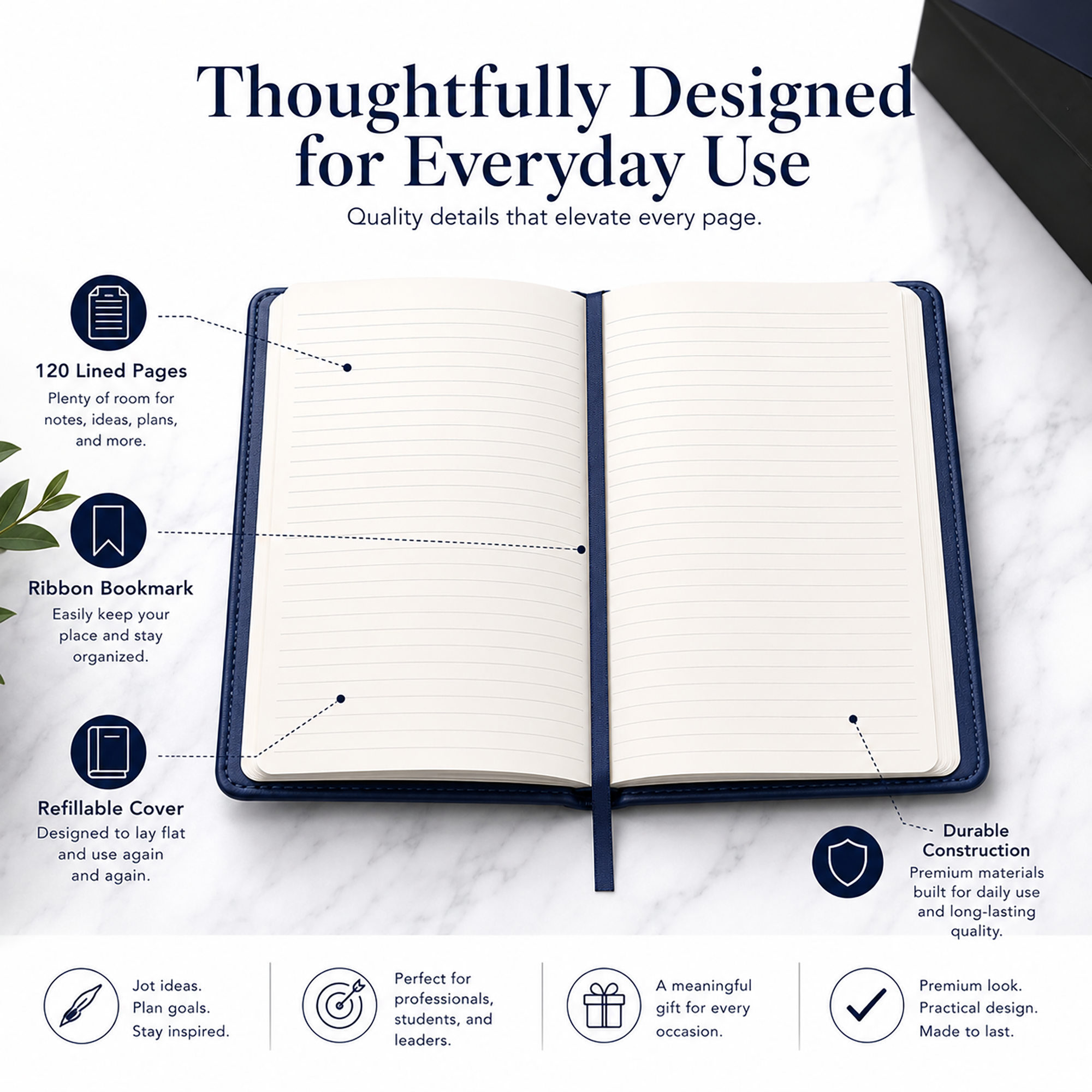 Inside view of the officially licensed Jackson State University Life Member blue leatherette journal showing 120 lined pages, ribbon bookmark, and refillable journal cover.