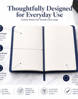 Inside view of the officially licensed Jackson State University Life Member blue leatherette journal showing 120 lined pages, ribbon bookmark, and refillable journal cover.