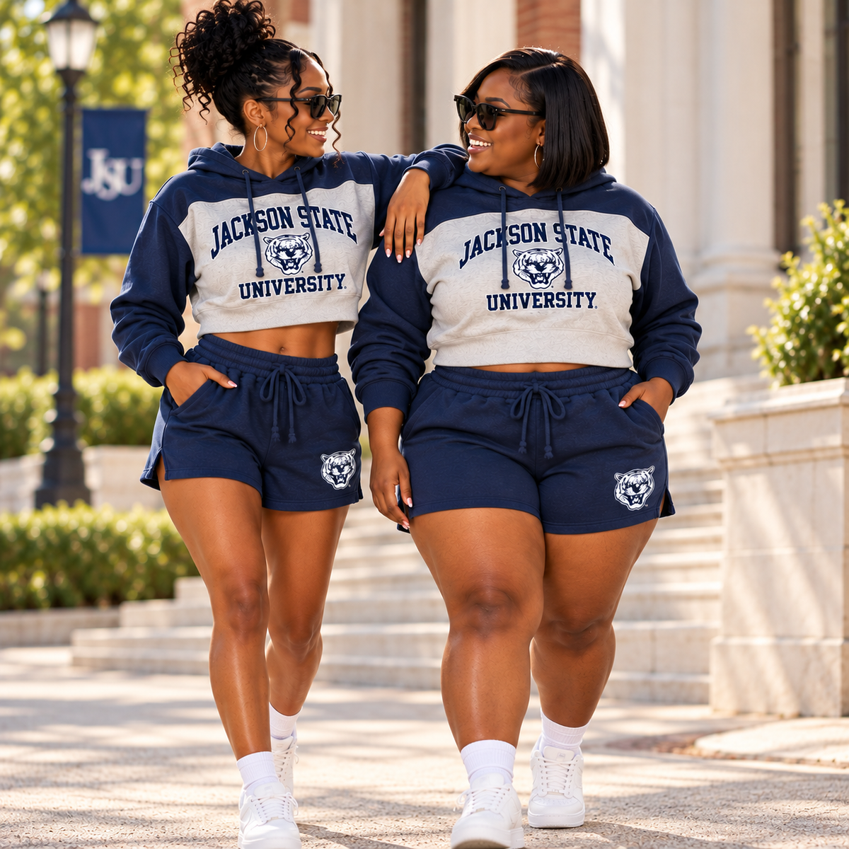 Jackson State Tigers women's cropped fleece hoodie and shorts on two Black women