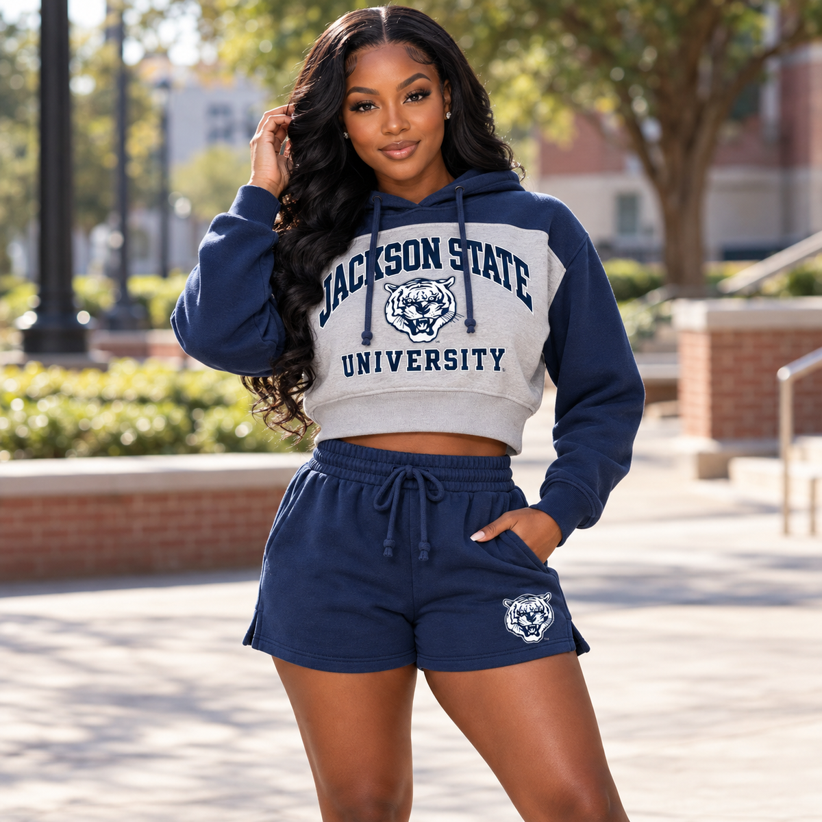 Black woman wearing Jackson State Tigers cropped fleece hoodie and shorts
