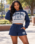 Black woman wearing Jackson State Tigers cropped fleece hoodie and shorts