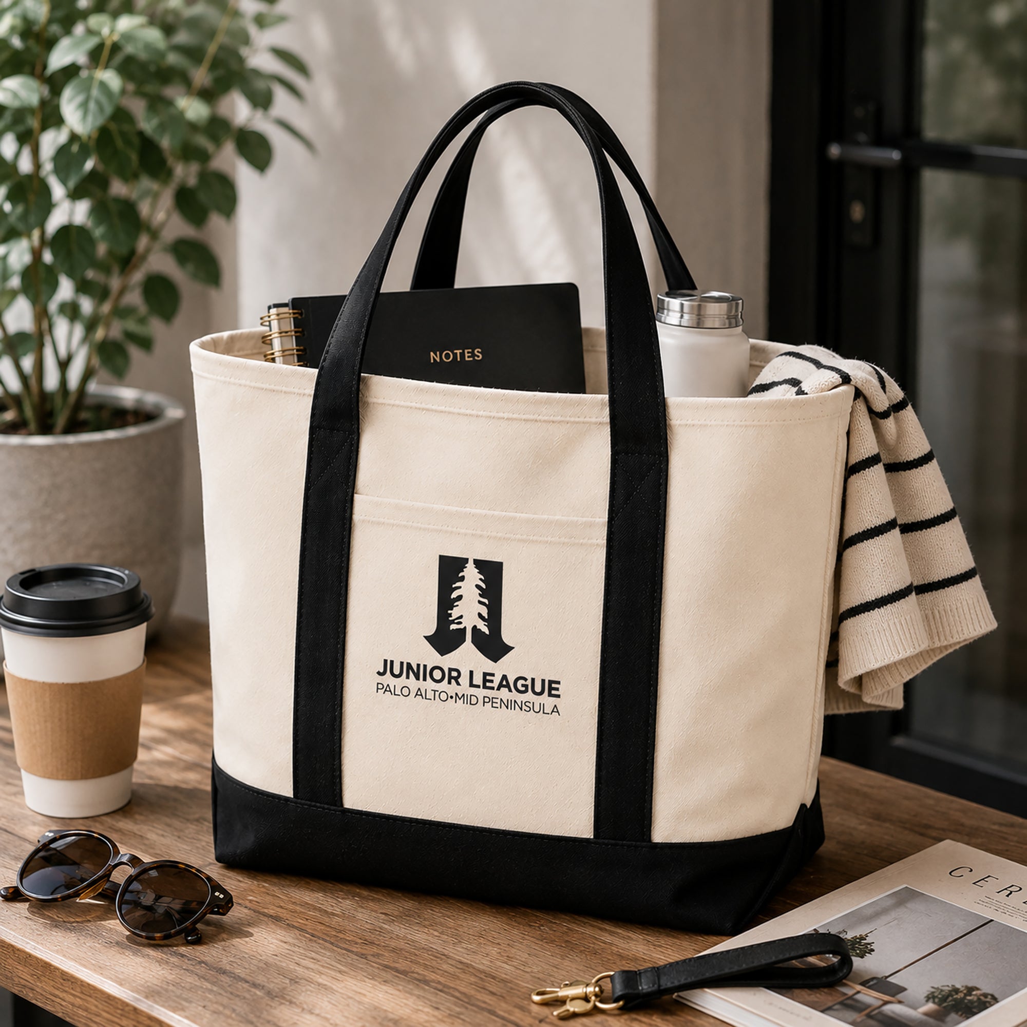 Natural black Junior League Palo Alto Mid Peninsula tote bag lifestyle image