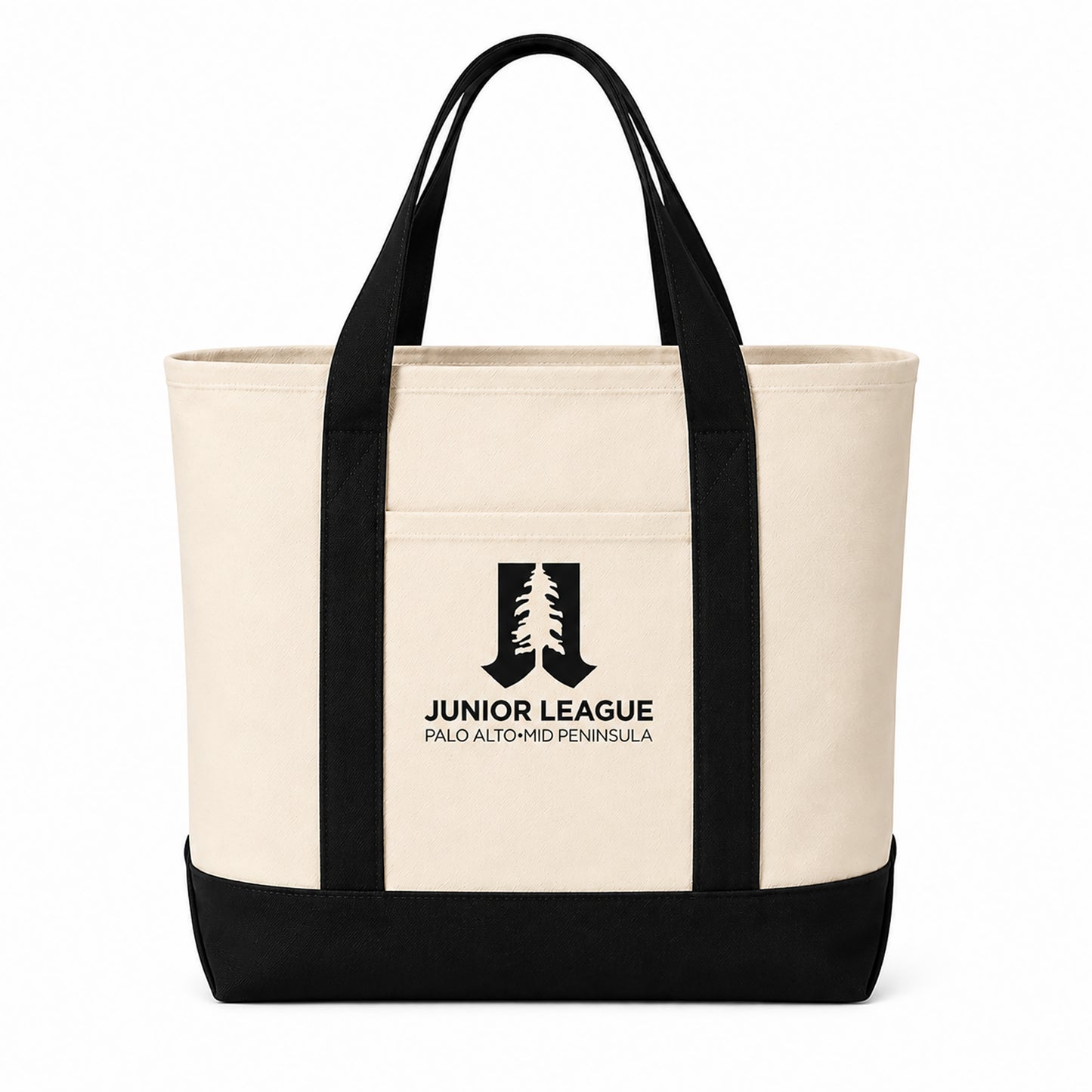 Natural and black Junior League Palo Alto Mid Peninsula two-tone tote bag studio image