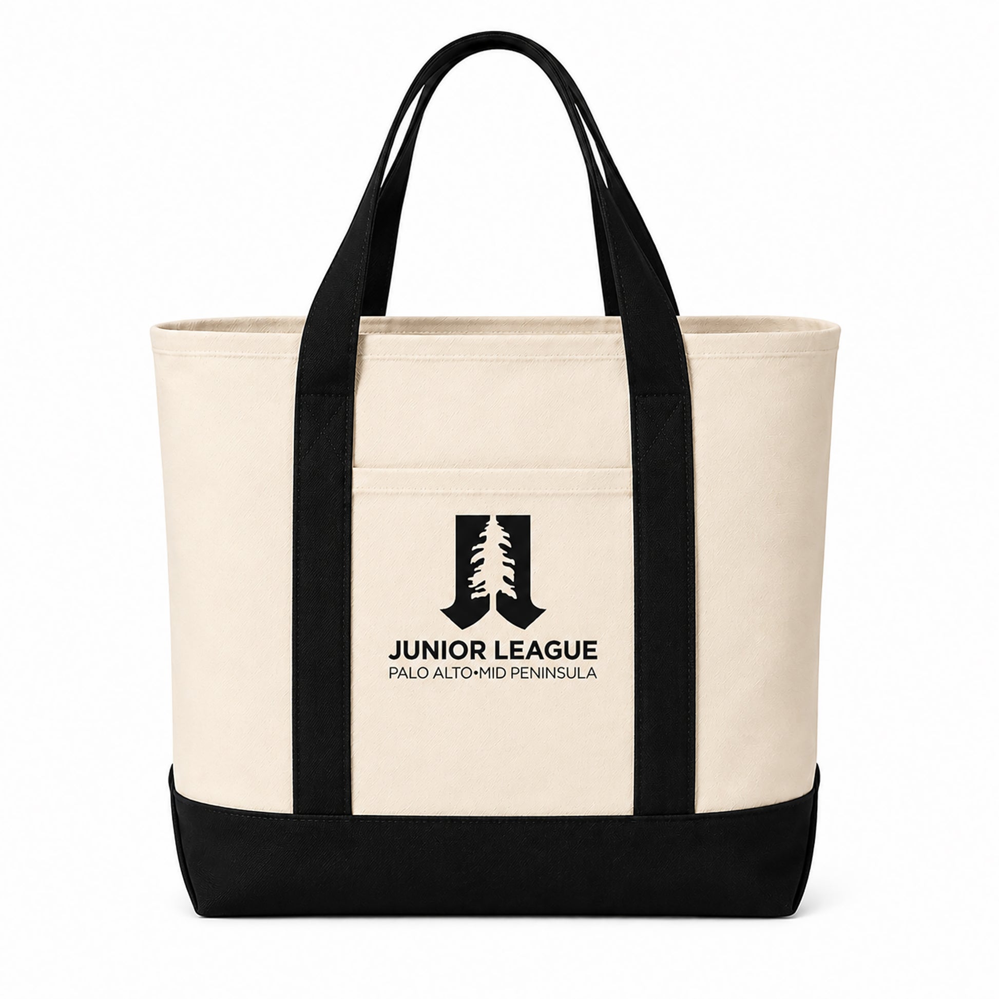 Natural and black Junior League Palo Alto Mid Peninsula two-tone tote bag studio image