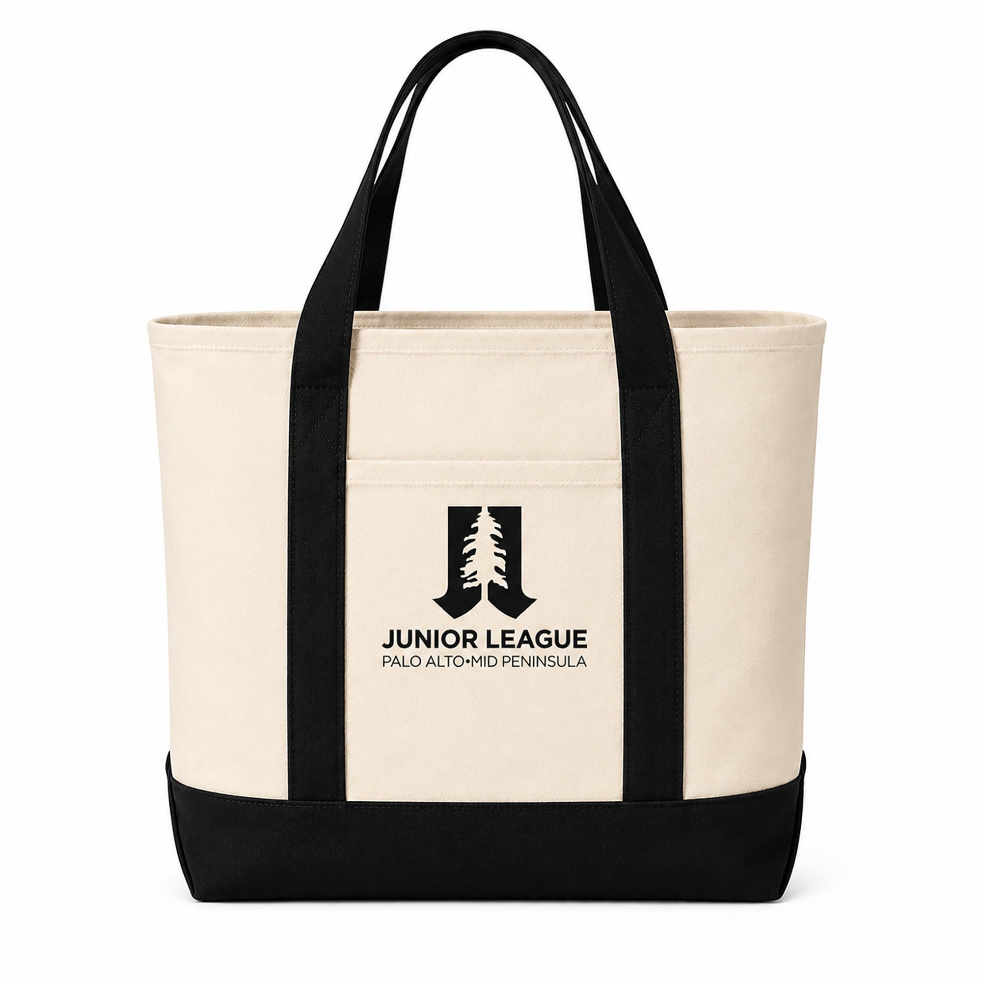 Natural and black Junior League Palo Alto Mid Peninsula two-tone tote bag studio image