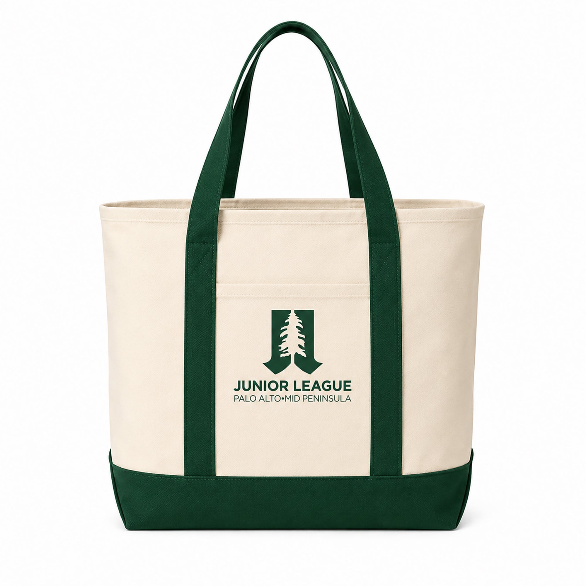 Natural and spruce Junior League Palo Alto Mid Peninsula two-tone tote bag studio image