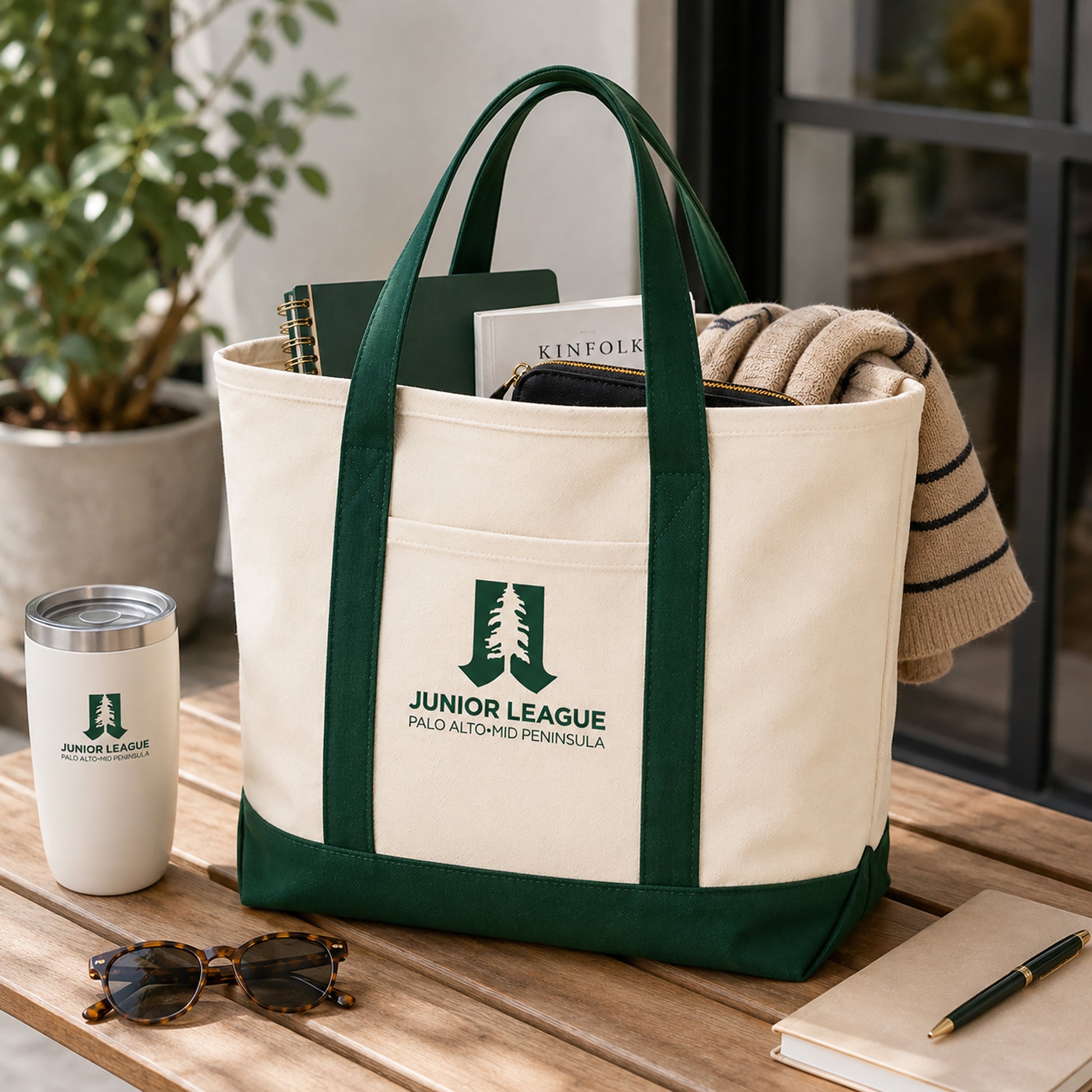 Natural spruce Junior League Palo Alto Mid Peninsula tote bag lifestyle image
