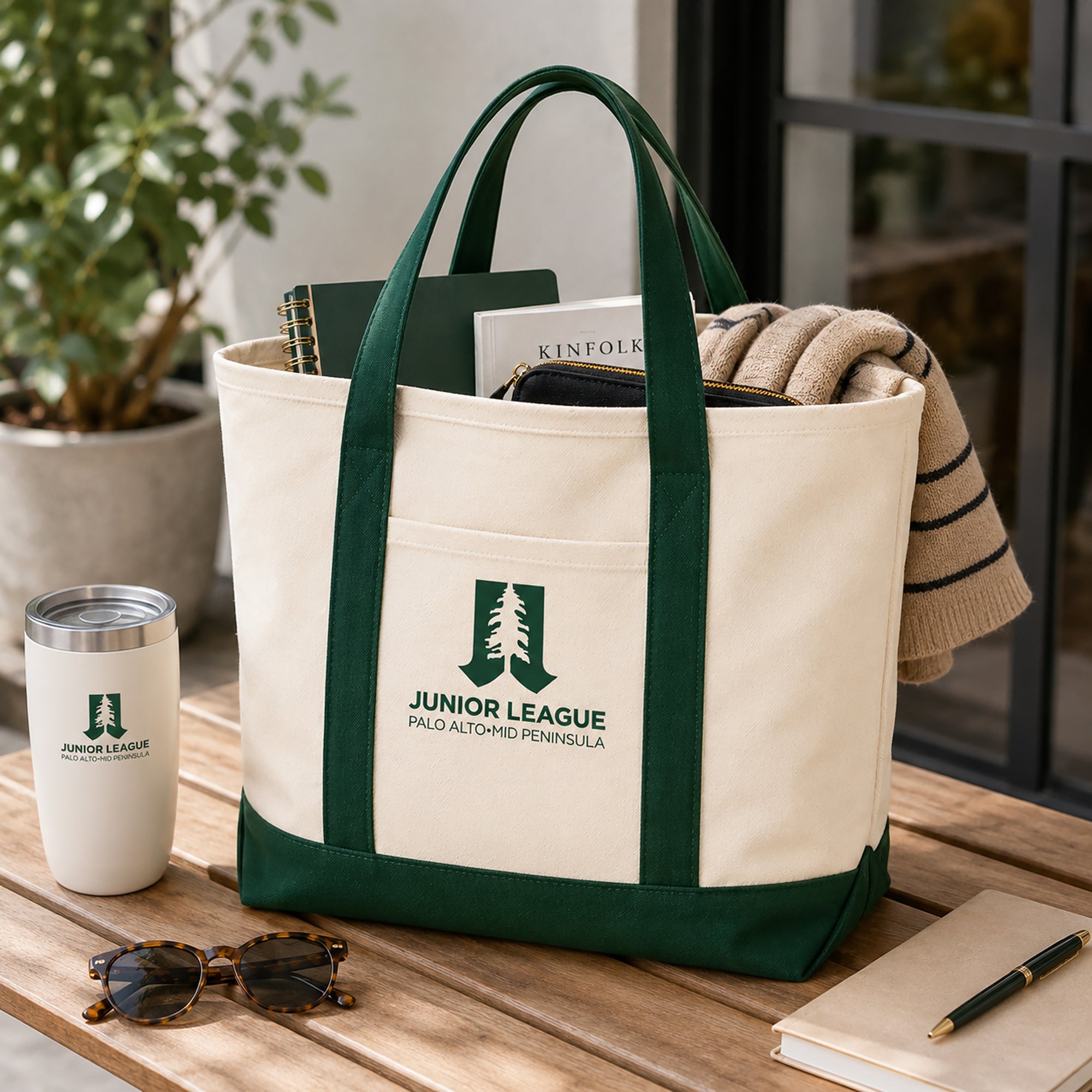 Natural spruce Junior League Palo Alto Mid Peninsula tote bag lifestyle image