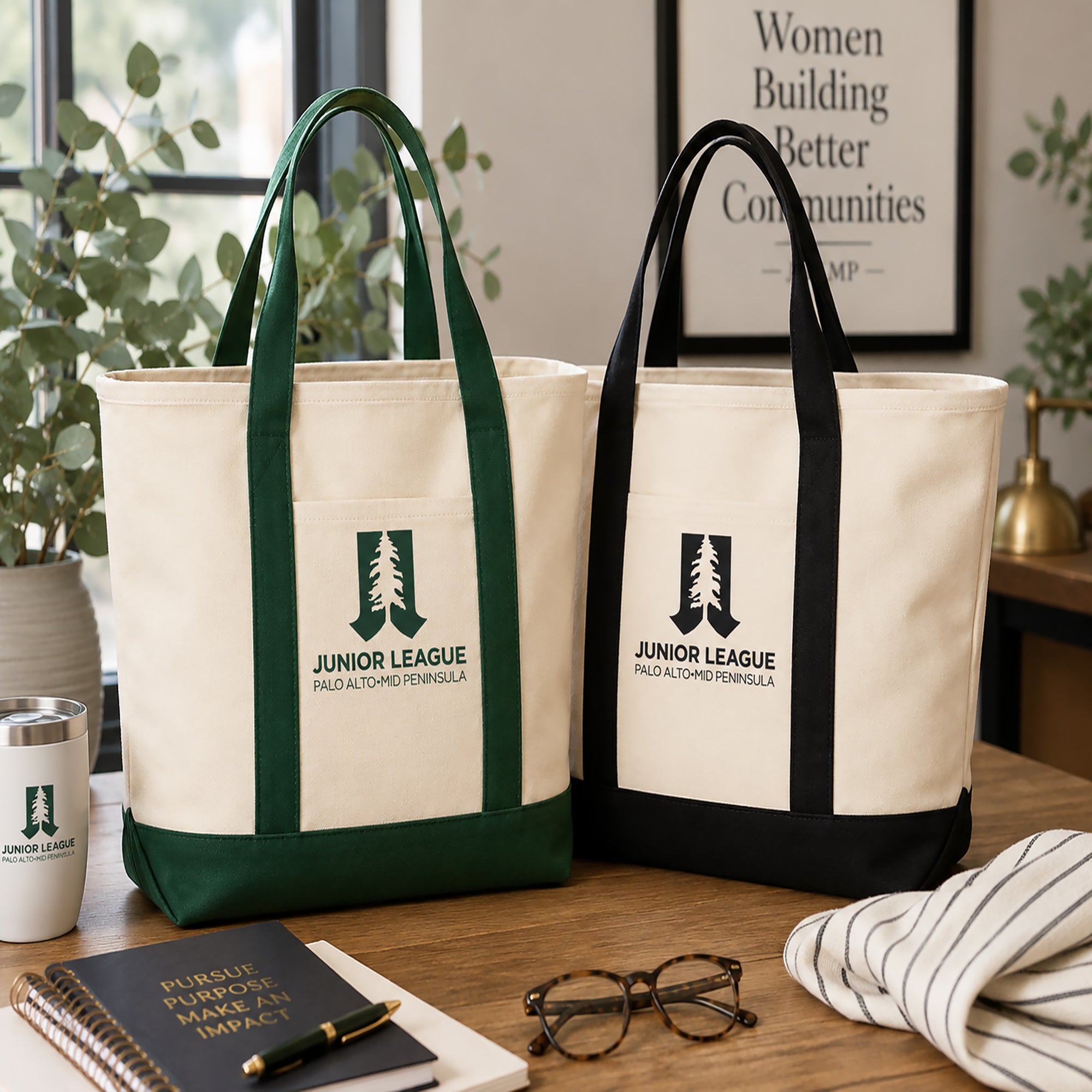 Junior League Palo Alto Mid Peninsula two-tone tote bags in natural spruce and natural black