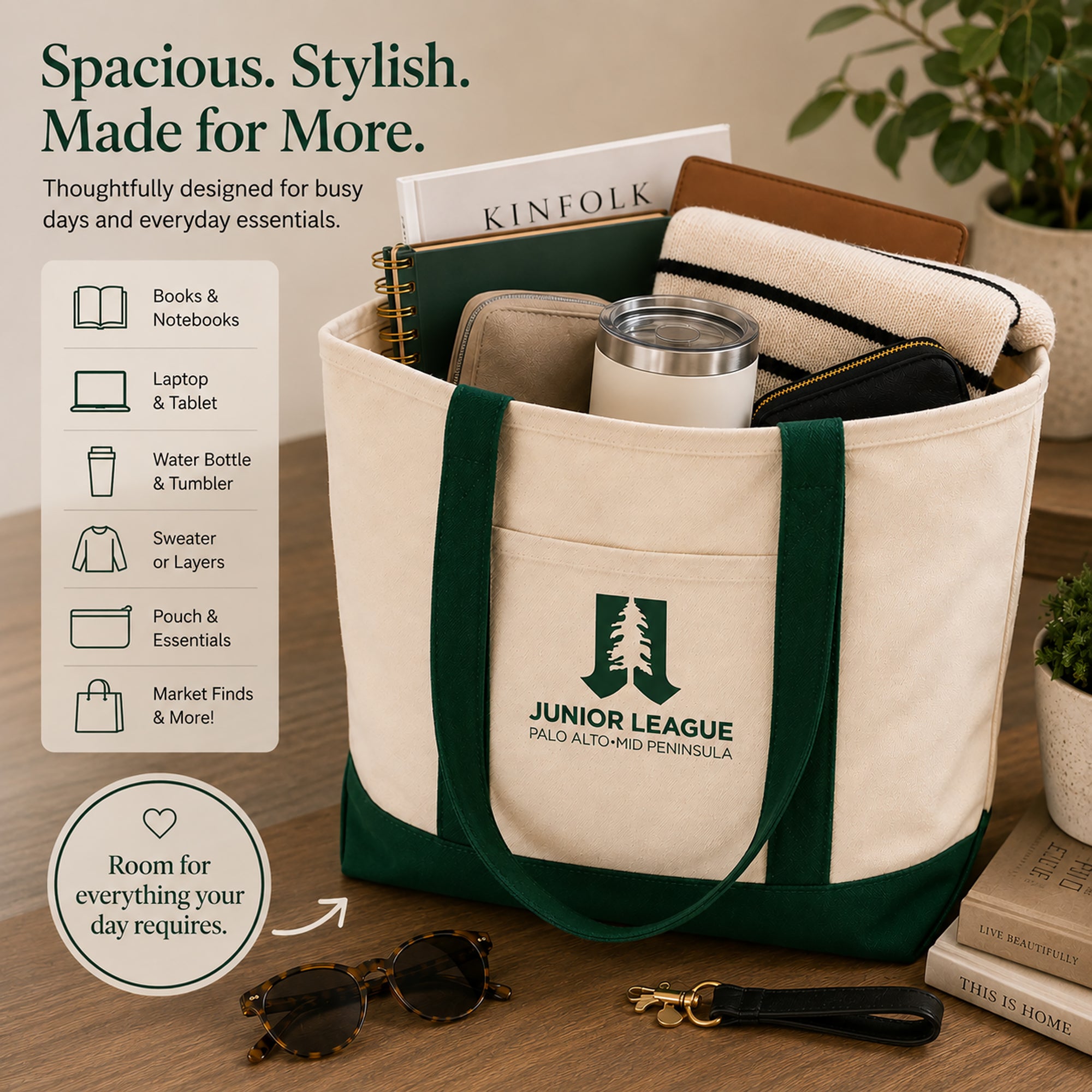 Large capacity Junior League Palo Alto Mid Peninsula tote bag filled with everyday essentials