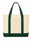 Front-facing Junior League Palo Alto Mid Peninsula two-tone tote bag showing structure and shape