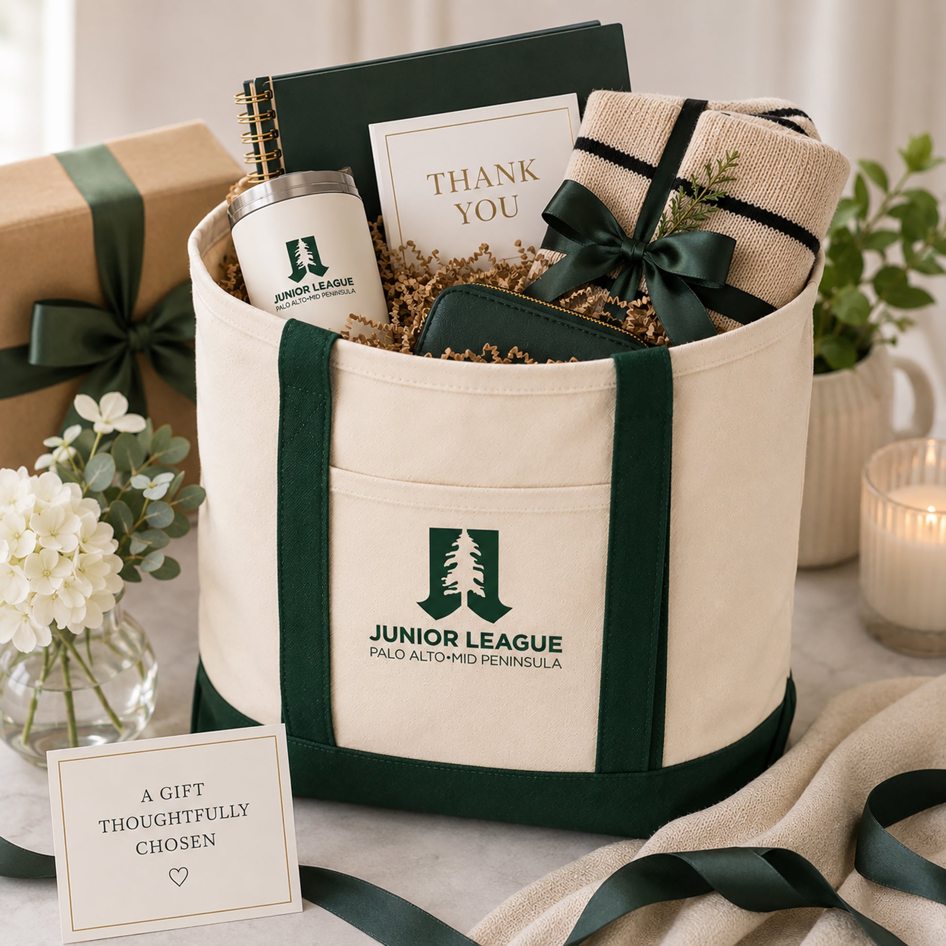 Gift-ready Junior League Palo Alto Mid Peninsula two-tone tote bag styled with accessories