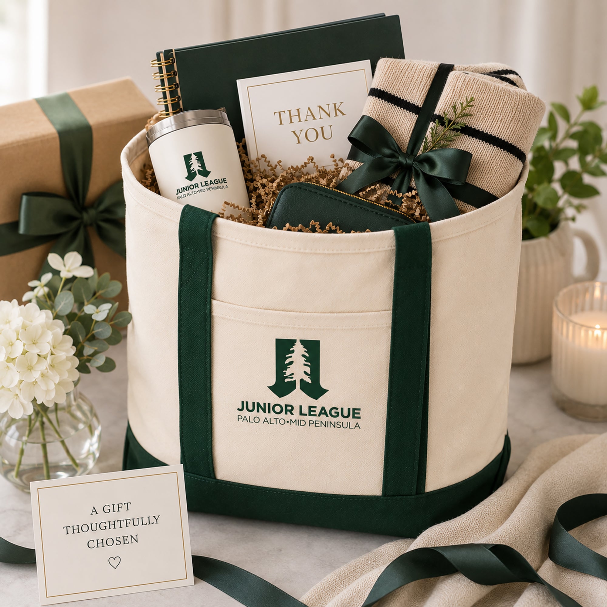Gift-ready Junior League Palo Alto Mid Peninsula two-tone tote bag styled with accessories