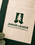 Close-up detail of Junior League Palo Alto Mid Peninsula tote bag logo and fabric texture