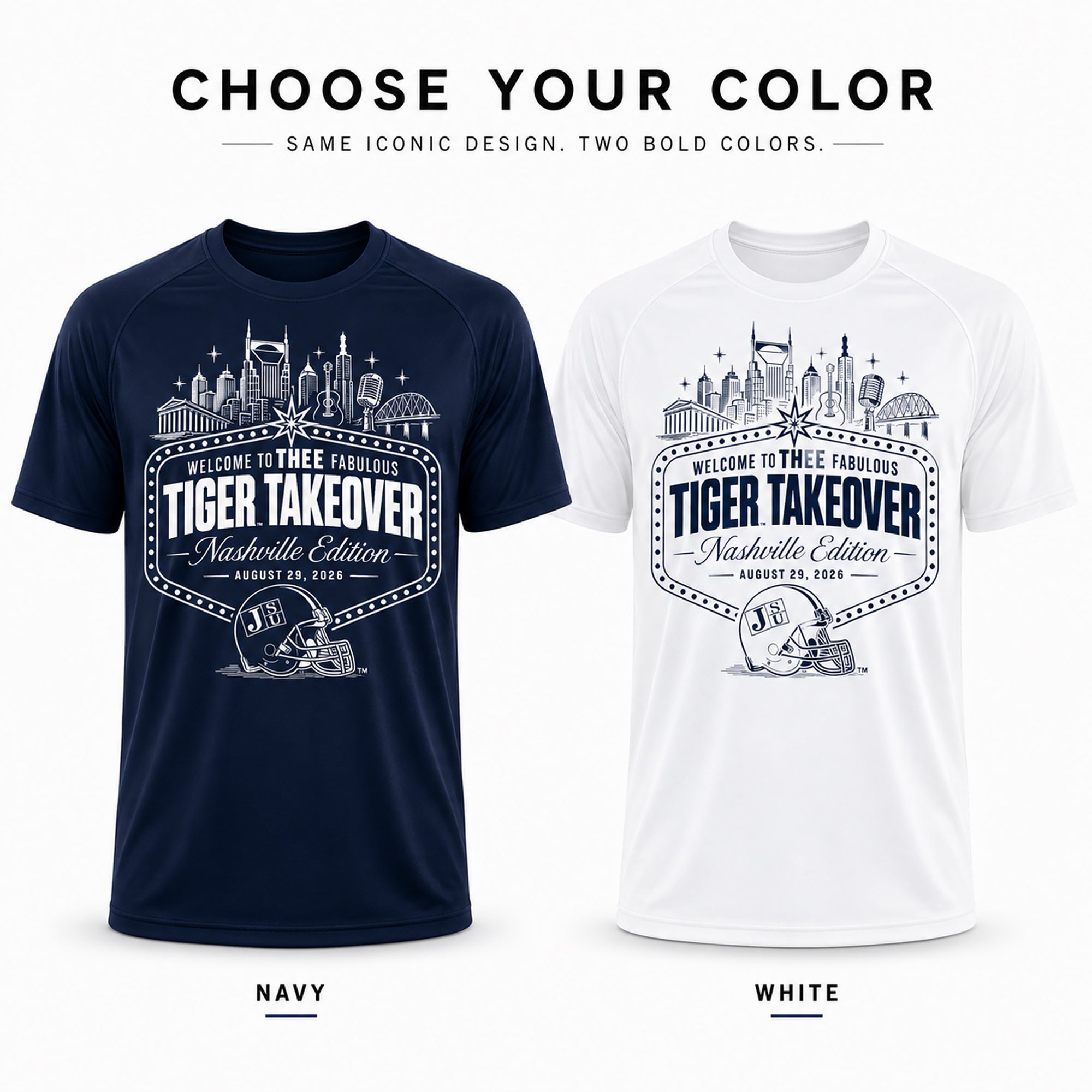 Pair of performance t-shirts: navy and white, each with Tiger Takeover front graphic