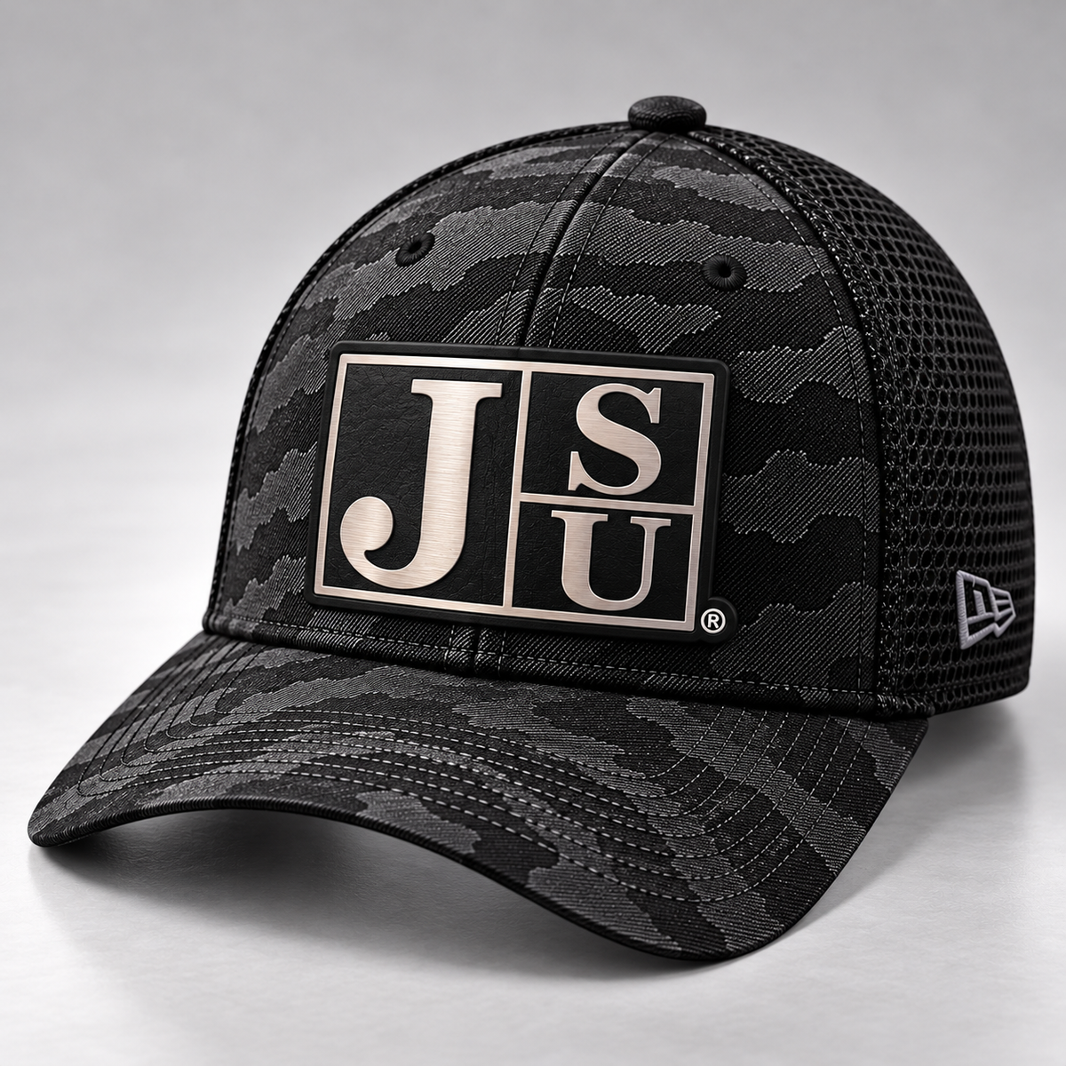Jackson State Black Camo New Era 39THIRTY Stretch Tech Mesh cap with Block JSU black-to-silver leatherette patch