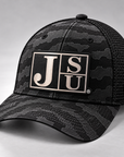 Jackson State Black Camo New Era 39THIRTY Stretch Tech Mesh cap with Block JSU black-to-silver leatherette patch