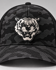 Front view of Jackson State Black Camo New Era 39THIRTY Stretch Tech Mesh cap with Tiger Head patch