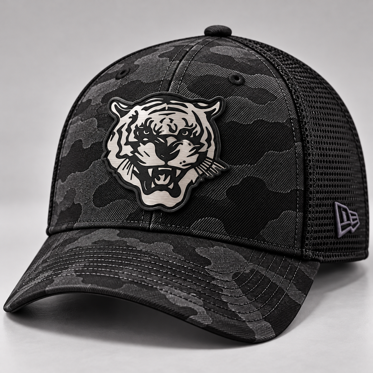 Jackson State Black Camo New Era 39THIRTY Stretch Tech Mesh cap with Tiger Head black-to-silver leatherette patch