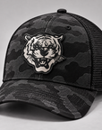 Jackson State Black Camo New Era 39THIRTY Stretch Tech Mesh cap with Tiger Head black-to-silver leatherette patch