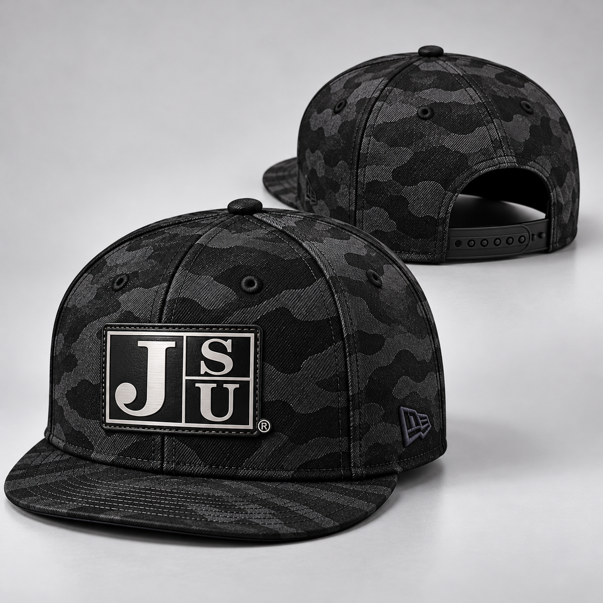 Jackson State Black Camo New Era 9FIFTY flat bill snapback shown from front and rear with Block JSU patch