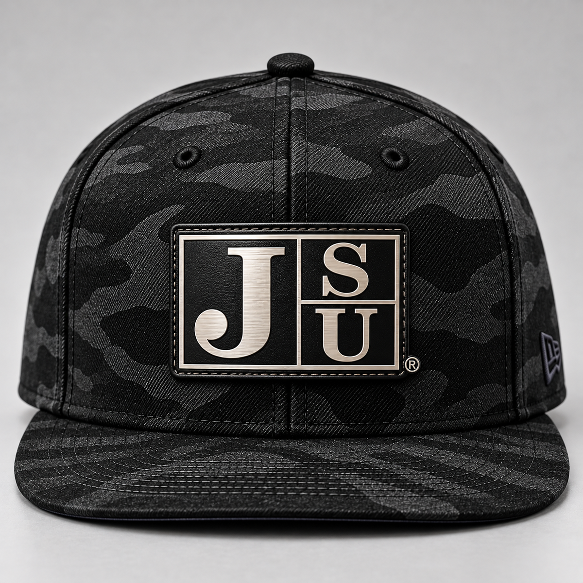 Front view of Jackson State Black Camo New Era 9FIFTY flat bill snapback with Block JSU patch
