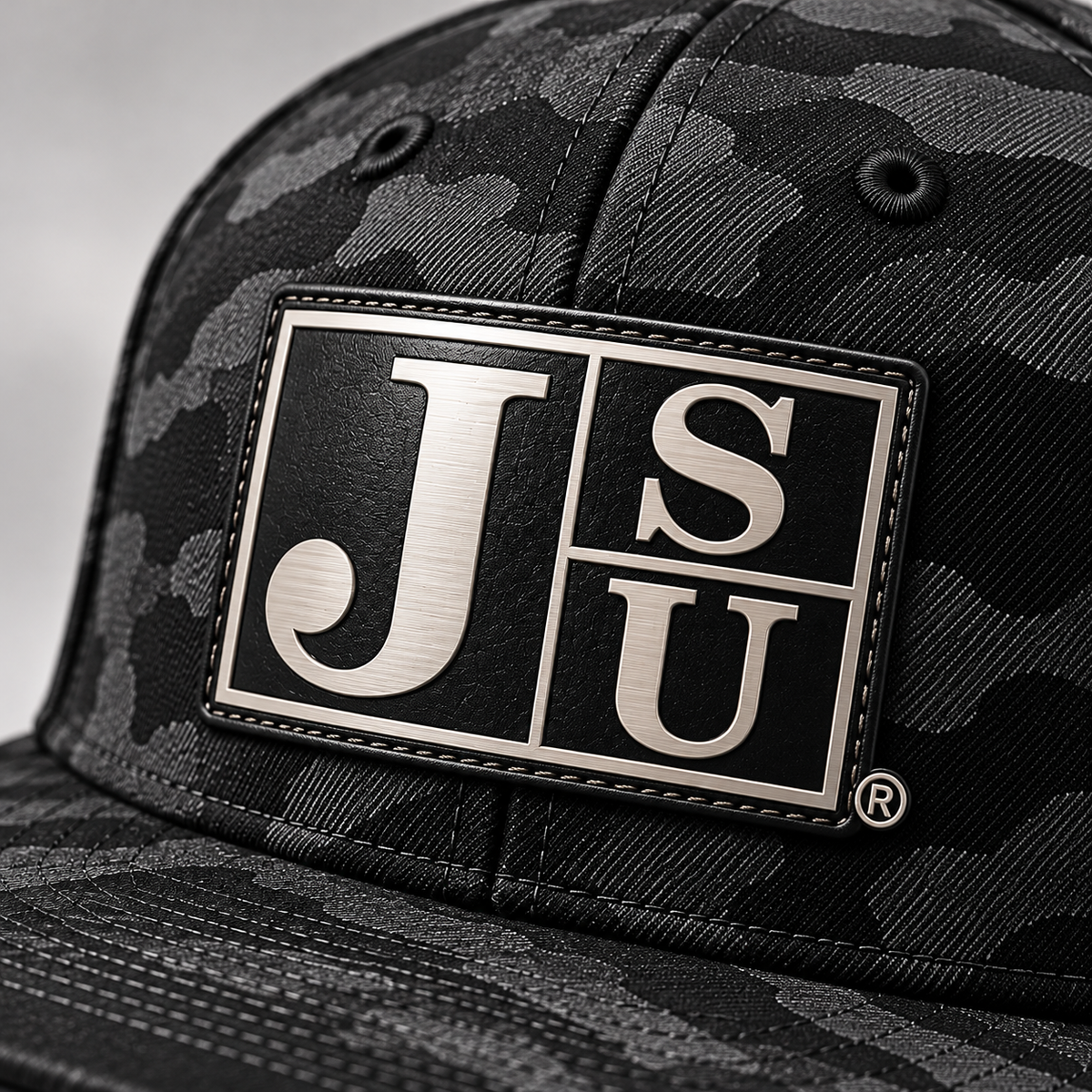 Close-up of Block JSU black-to-silver leatherette patch on Jackson State Black Camo New Era 9FIFTY hat