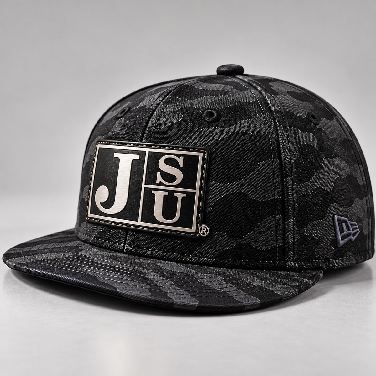 Side profile of Jackson State Black Camo New Era 9FIFTY flat bill snapback with Block JSU patch