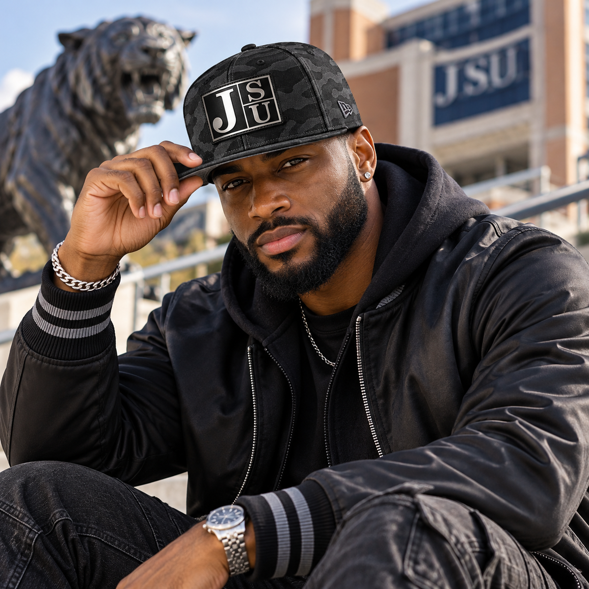 Black man modeling Jackson State Black Camo New Era 9FIFTY flat bill snapback with Block JSU patch
