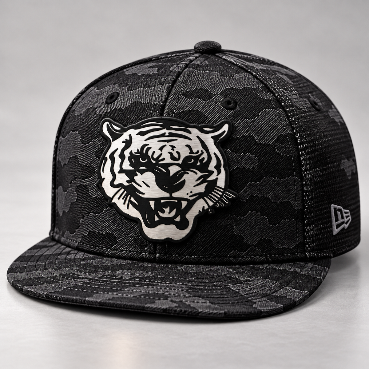 Jackson State Black Camo New Era 9FIFTY flat bill snapback with Tiger Head black-to-silver leatherette patch