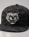 Jackson State Black Camo New Era 9FIFTY flat bill snapback with Tiger Head black-to-silver leatherette patch