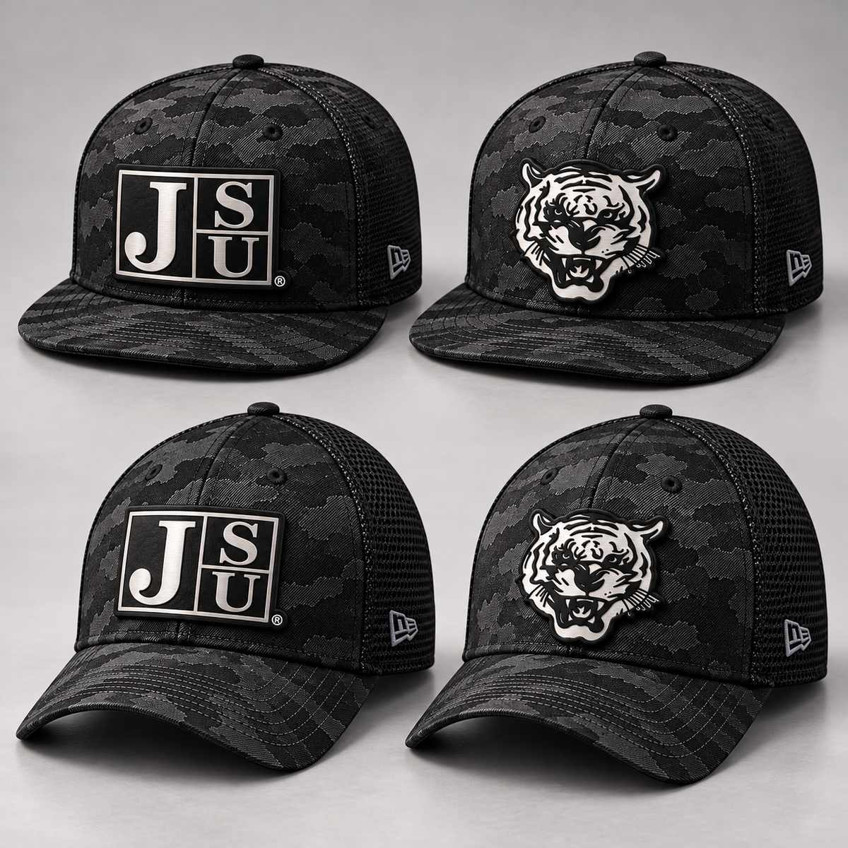 Jackson State Tigers Black Camo New Era hats showing 9FIFTY and 39THIRTY styles with Block JSU and Tiger Head patches