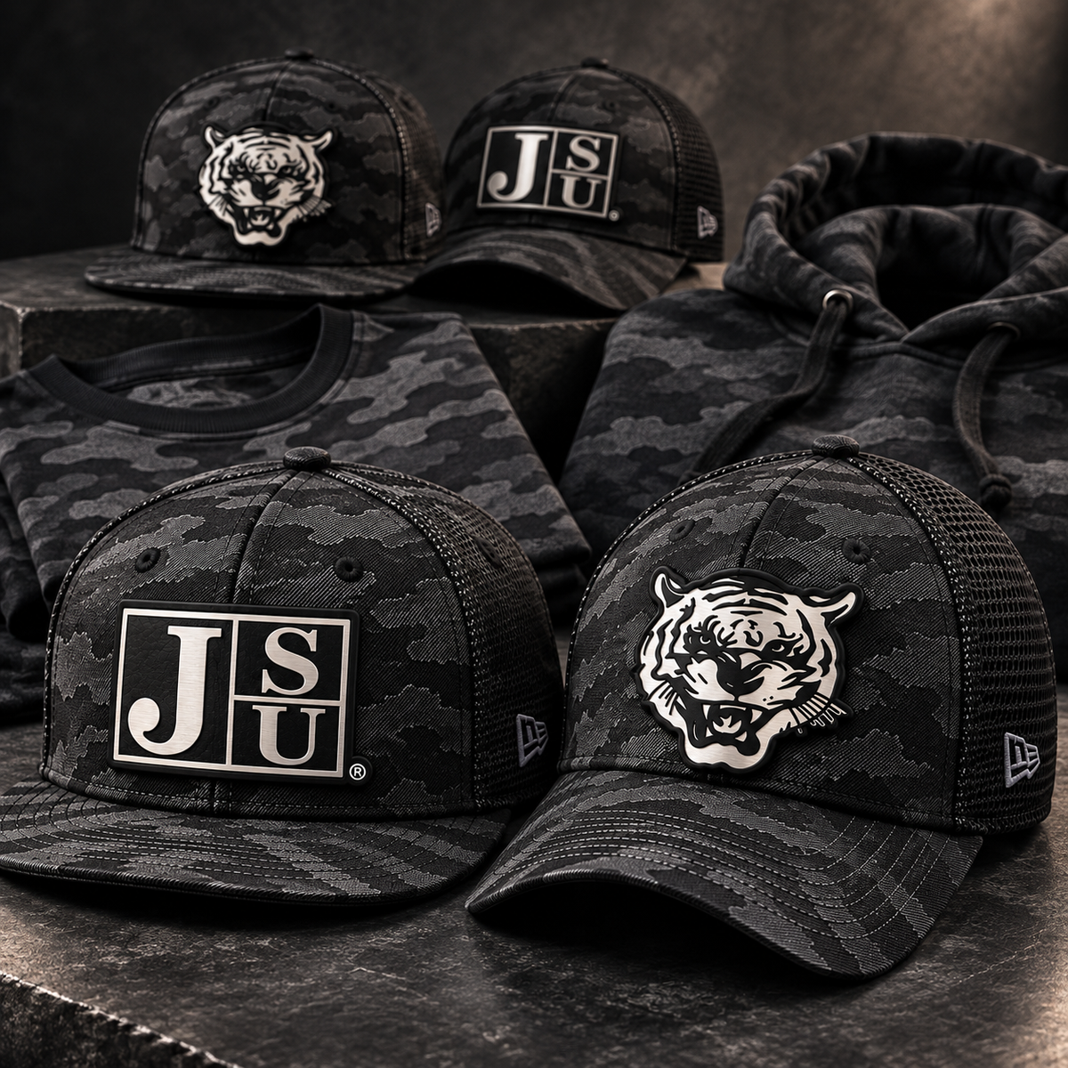 Jackson State Black Camo collection with New Era patch hats, T-shirt and hoodie
