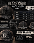 Jackson State Black Camo New Era hat size guide for 39THIRTY Stretch Tech Mesh and 9FIFTY Flat Bill Snapback