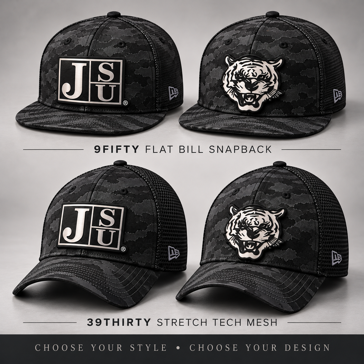 Jackson State Black Camo New Era hat guide showing 9FIFTY flat bill and 39THIRTY Stretch Tech Mesh styles