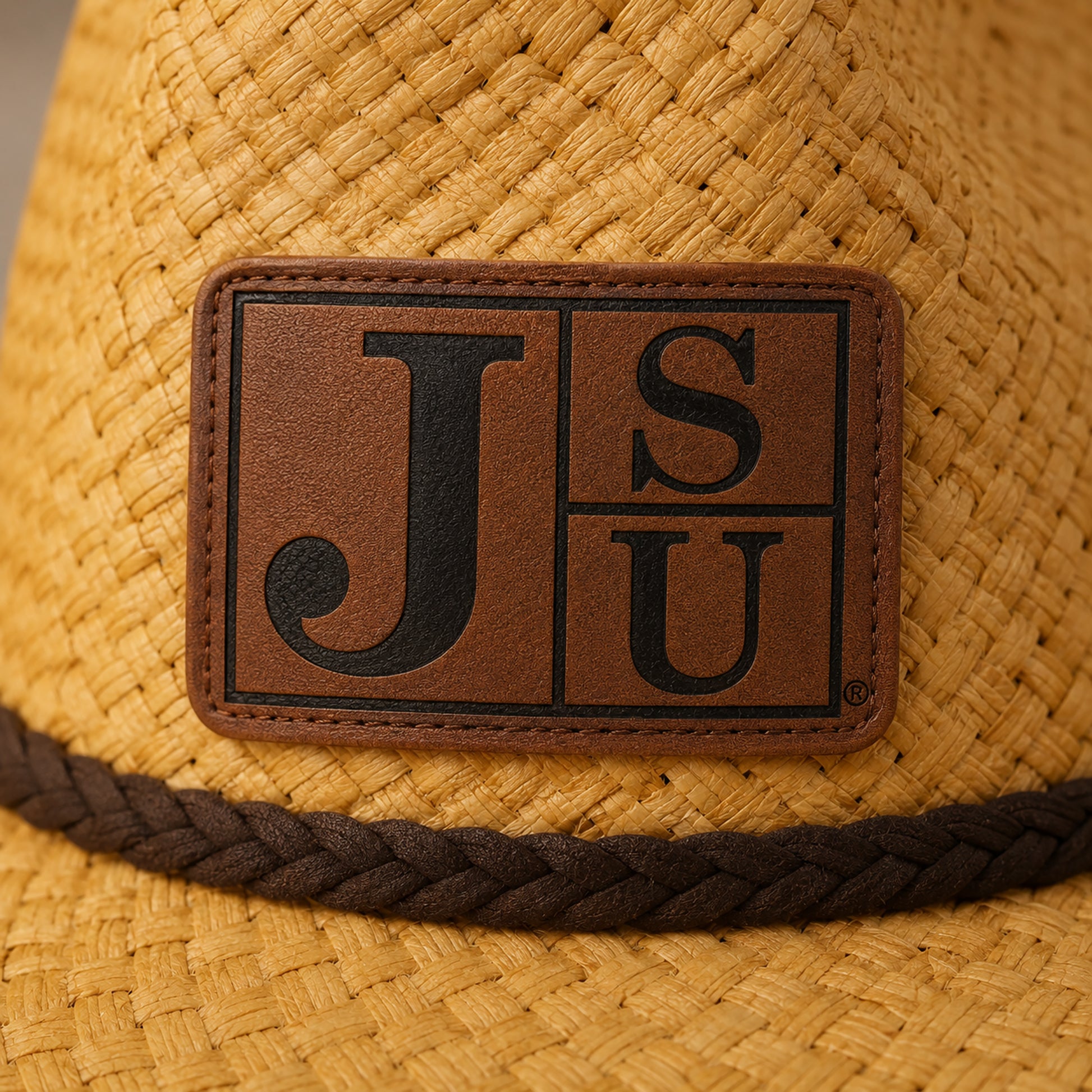 Close-up of black engraved JSU Block Letter logo on walnut leatherette patch and raffia straw