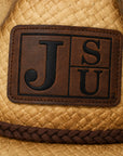 Close-up of engraved JSU Block Letter leatherette patch on cowboy straw hat